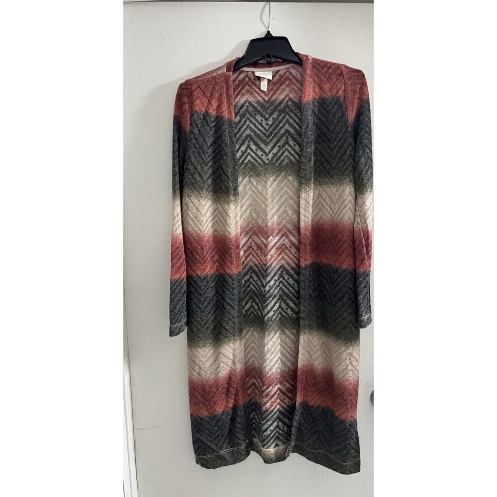 Knox Rose Womens Long Open Front Duster Cardigan Chevron Earth Tones XS 40” Long